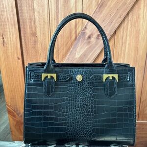 Anne Klein Black Jessica Croc Embossed Crossbody Satchel Black Gold